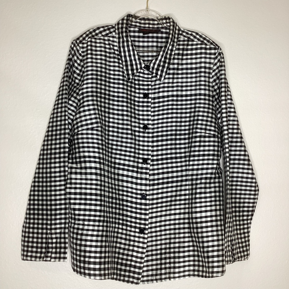 Nina Mclemore Silk Cara Shirt Black & White Checks USA Sz 18